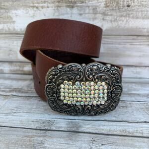 VTG Fossil Leather Belt Brown Sz M Rhinestone Embellished Cowgirl Western y2K